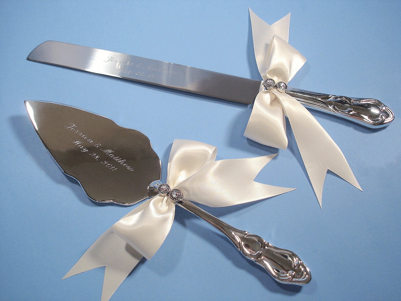 Personalized Wedding Cake Server and Knife Set, Silver Plated with Swarovski Crystals in Custom Color with Engraving