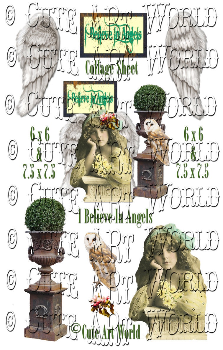 I Believe In Angels Two Collage Sheets 6x6 and 7.5 x 7.5 Inch Cute Art World Art Card Scrapbooking Journals