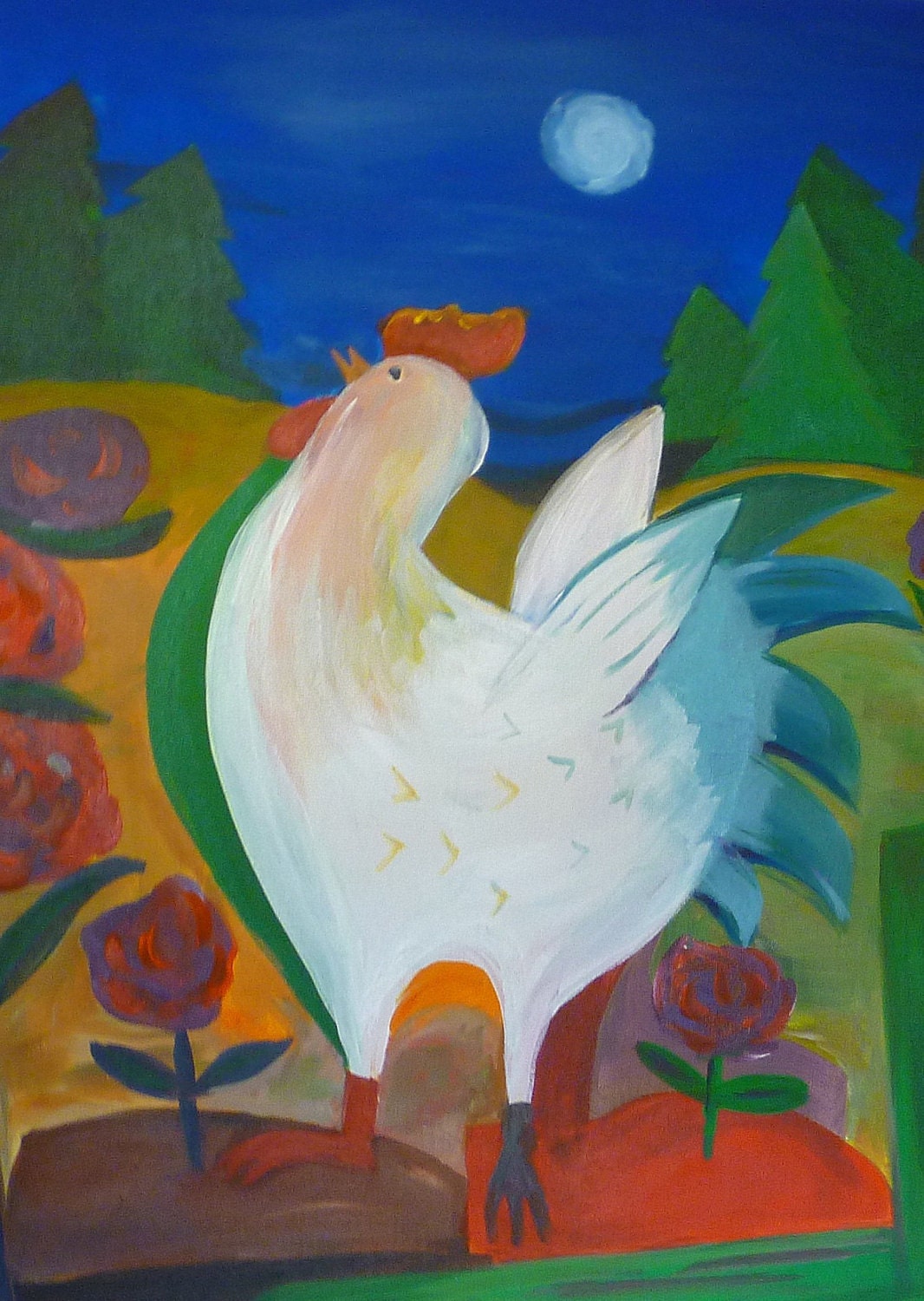 Abstract Colorful Print of Chicken in Landscape