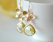 November birthstone jewelry - Yellow earrings - Yellow glass earrings - Yellow dangle earrings - Jonquil and gold teardrop - unique gift