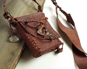 Brown Leather Pouch in shaman medicine bag style with crystals, stone and wood beads