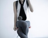 Black Funky Necktie Scarf with Big Grey and Yellow Pom Pom Brooch