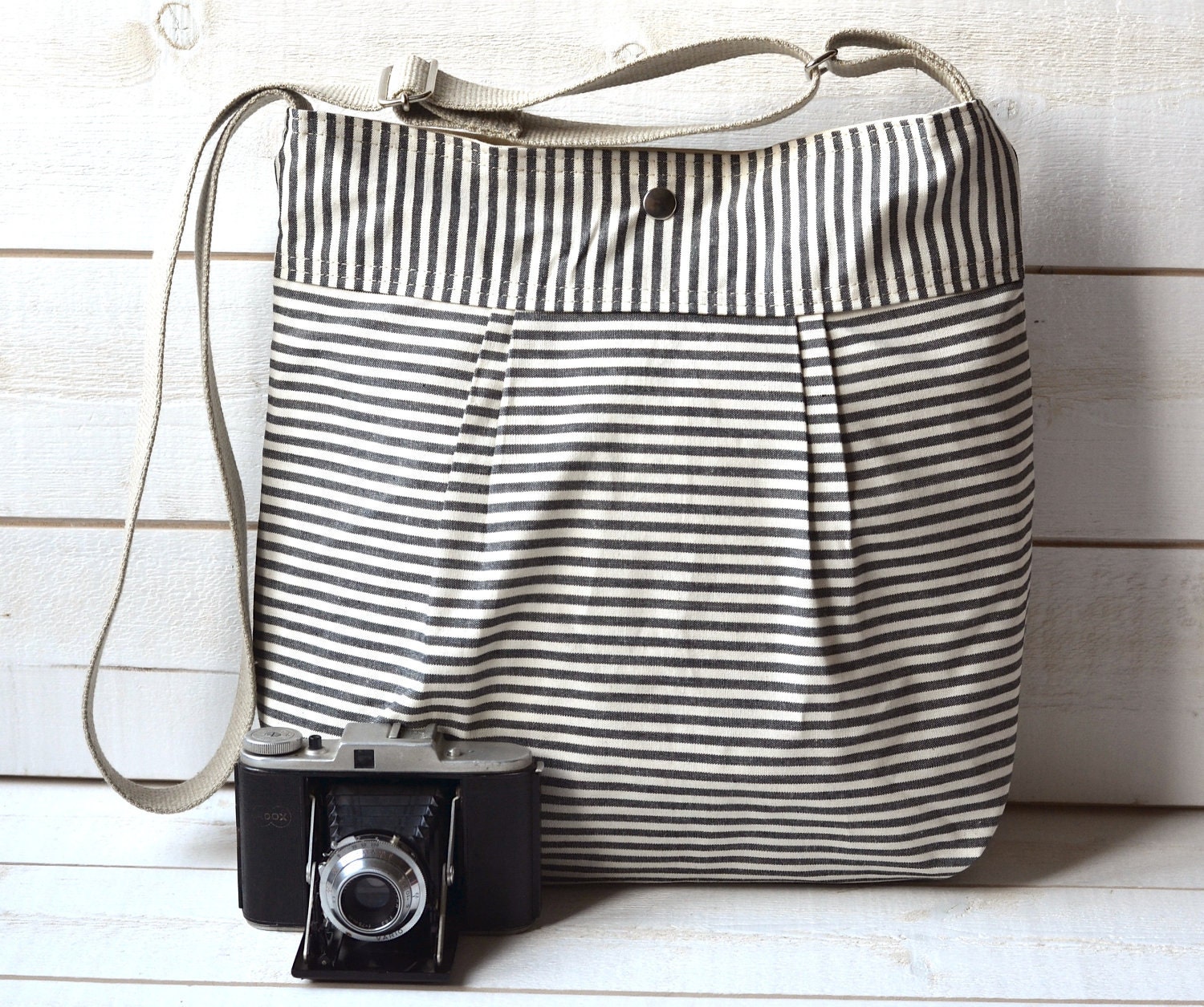 WATER RESISTANT Diaper bag Black and Ecru Ticking striped Pleated French Messenger - 8 Pockets