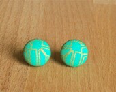 Green with Gold Geometric Pattern Fabric Button Earrings