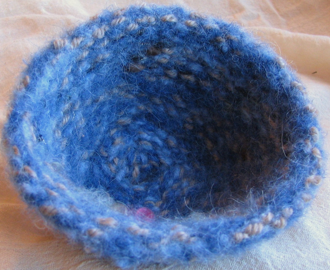 Bowl, felted, knitted, fuzzy, blue, beige, gold, with tiny flecks of red