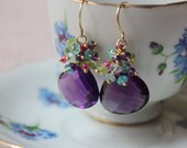 AAA Purple Amethyst Earrings in Gold. Large. Clustered. Fine Jewelry. LUXE. Birthday Gifts