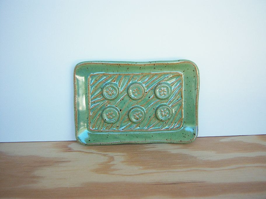 Stamped Ceramic Soap Dish in Spring Green Glaze
