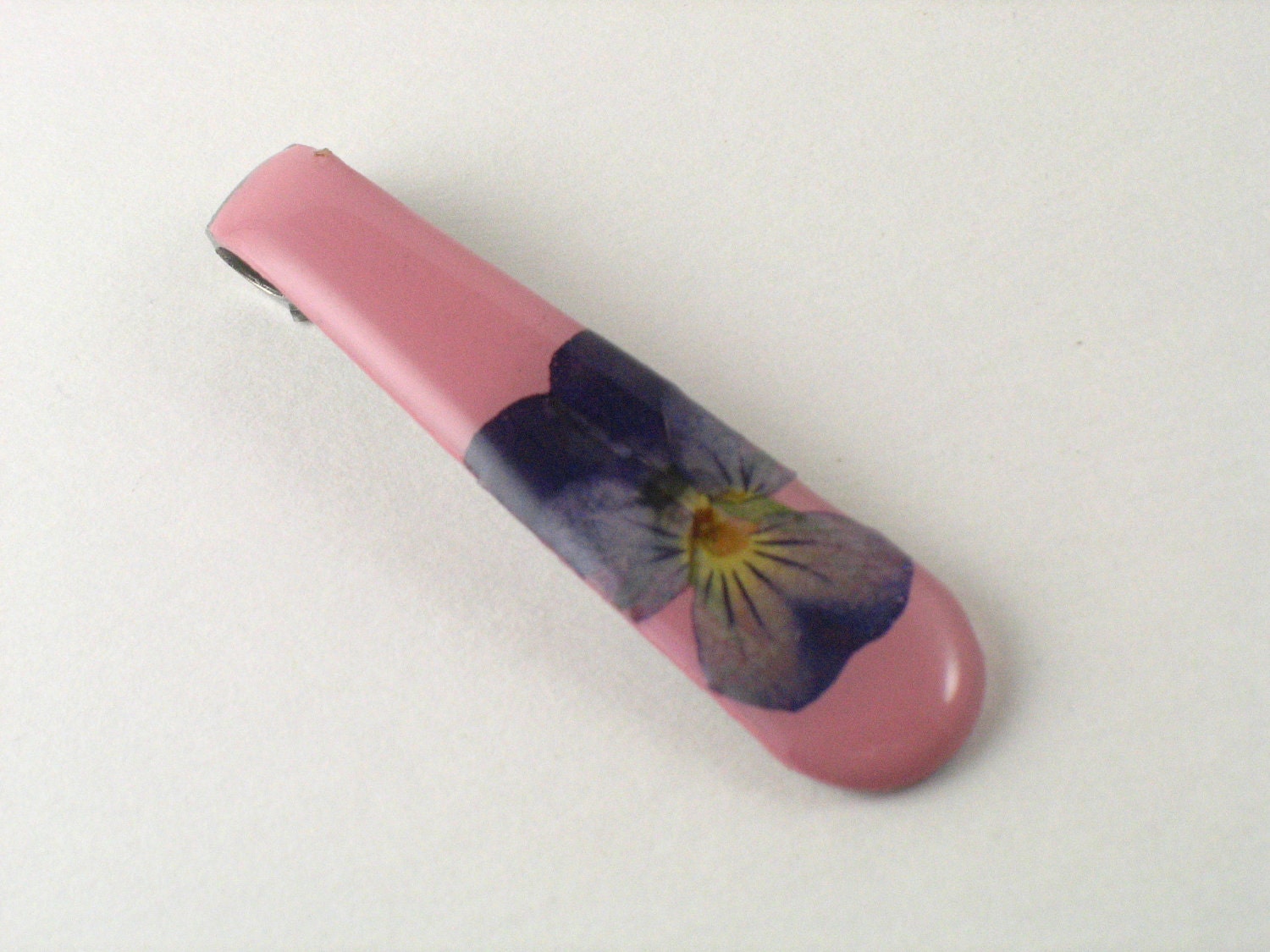 Recycled Spoon Handle Pendant: Pink with Purple Pansy, eco friendly one of a kind silverware necklace, ooak