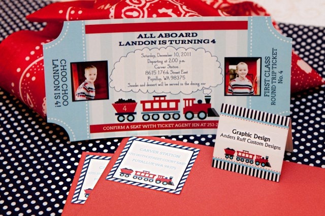 CHOO CHOO TRAIN Ticket Invitation - Aqua Red Navy Train Birthday Party - Customized Printable 4x8 Invitation