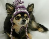 Crocheted dog hat, XS-S dog ear flap braids, purple and white, wool and mohair