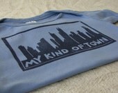 Linocut Onesie Chicago Skyline, Hand-Dyed, Hand-Printed, 12-18 Month Size