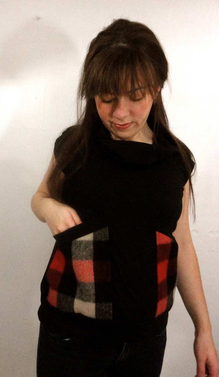 Black Organic Cotton Shirt Blouse with Cowl Buffalo Plaid Vermont Wool Pockets in Medium// by Nicoles Threads