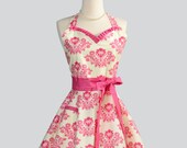 Womens Sweetheart Apron / White and Rose Pink Damask is Flirty Demure Classy Feminine and Functional