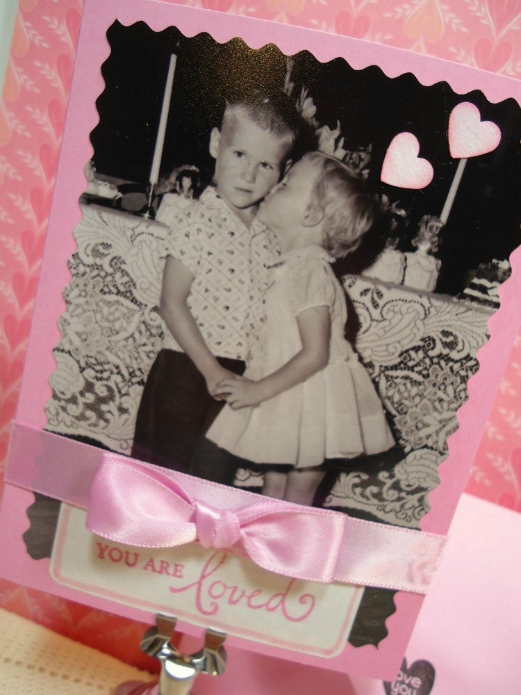 Handmade Valentine Greeting Card  - You are Loved, Children Kissing In Pink