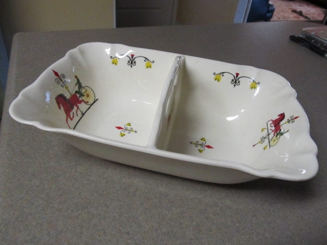 Horse Themed Vintage Crooksville Ceramic Divided  Serving Bowl