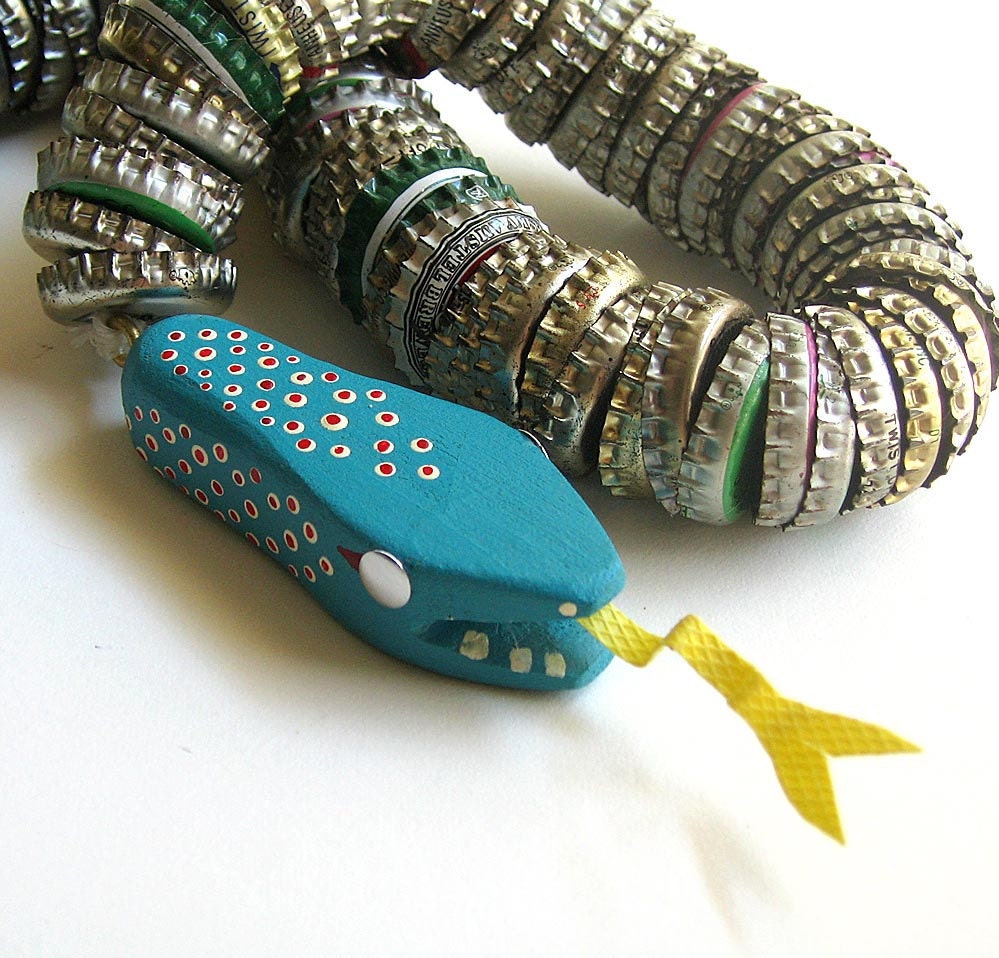 Bottle Cap SNAKE One of a Kind with Hand Painted Carved Head and Tale
