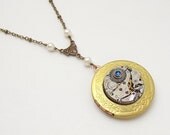 Steampunk Locket Necklace vintage silver watch movement gears pearls blue sapphire leaf gold brass pendant jewelry by Steampunk Nation 1500