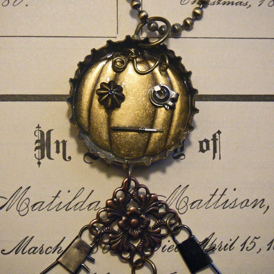 JACK STEAMPUNK'N - Pumpkin Man Assemblage Altered Art Novelty Charm Bottle Cap OZ Necklace - Doll