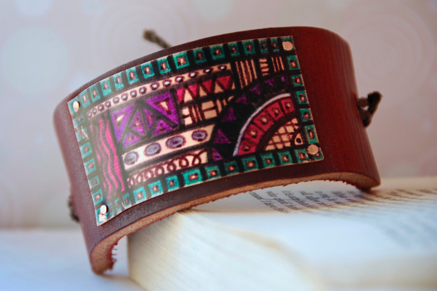 Geometric Bracelet Handmade Tinted Copper on Leather Limited Edition