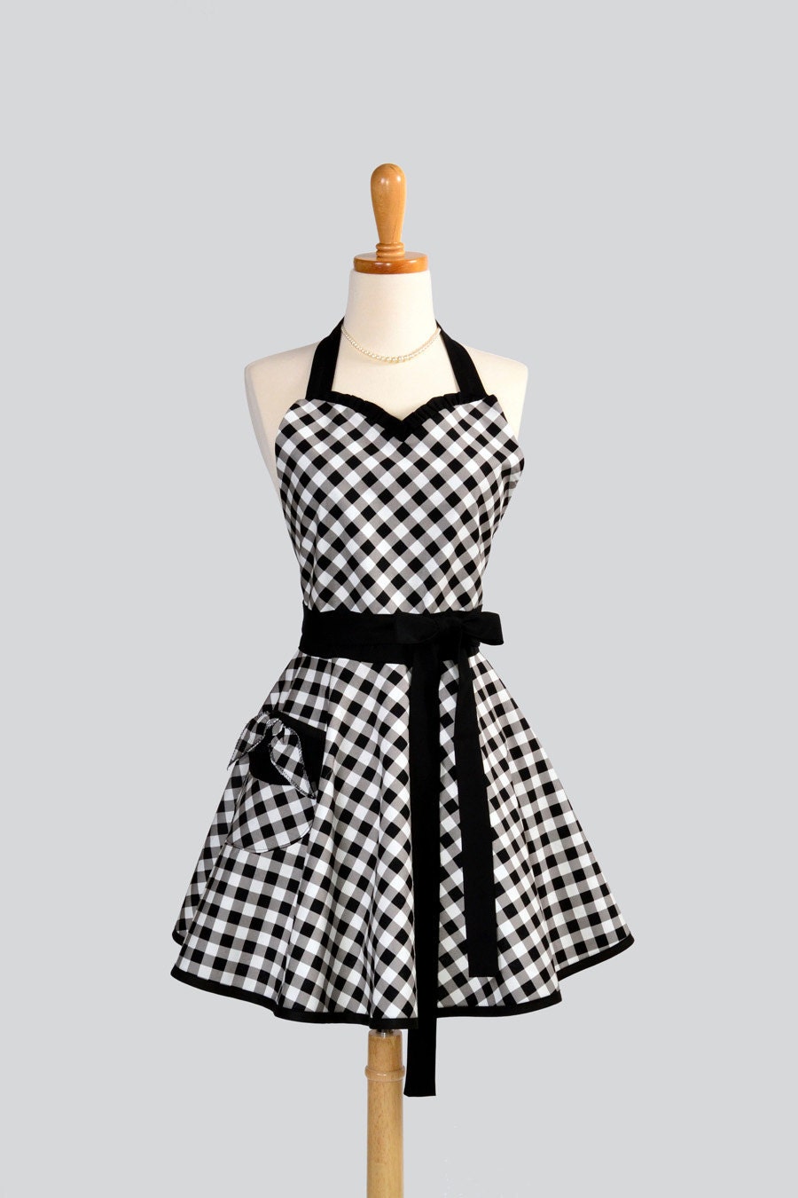 Womens Sweetheart Apron / Black and White Bias Check Back by Popular Demand