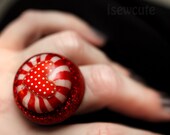 Valentine Red & White Mint Love Heart Giant Resin Dome Adjustable Ring with Real Candy Peppermint Dome Ring