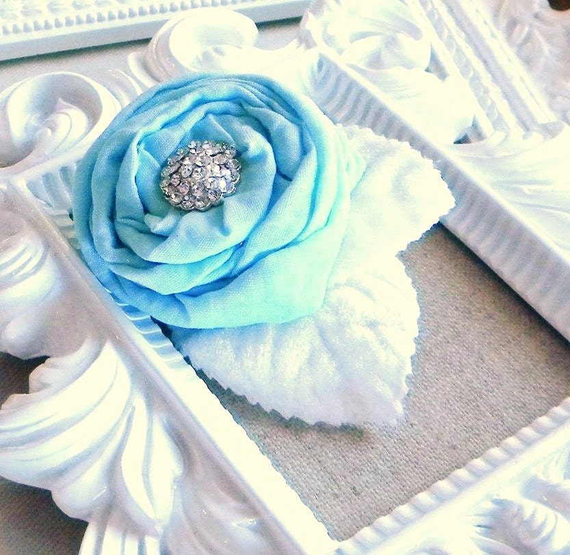 Blue Flower Rhinestones and  Velvet Leaves Bridal Comb Hair Piece Vintage Style