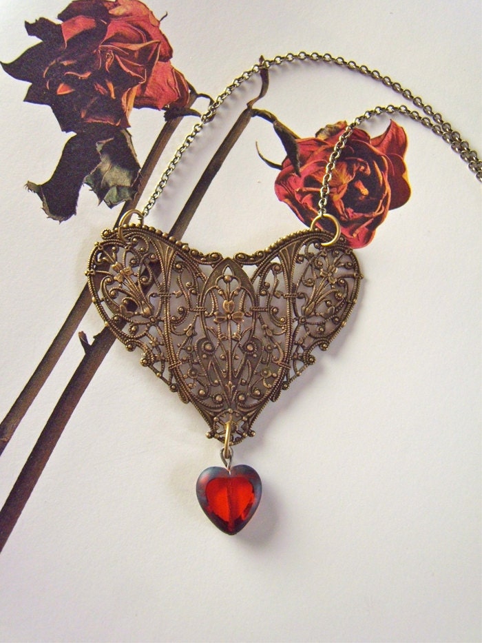 Filigree and Red Heart Necklace