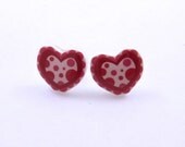 Heart Earrings.  Handmade Resin Earrings.  Darke Pink and White Heart Shaped earrings made with my Handmade Buttons.