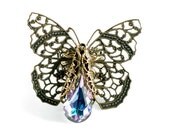 Steampunk Butterfly Ring,Adjustable,Antique Brass,Swarovski Vitrail Light  Free Gift Wrap