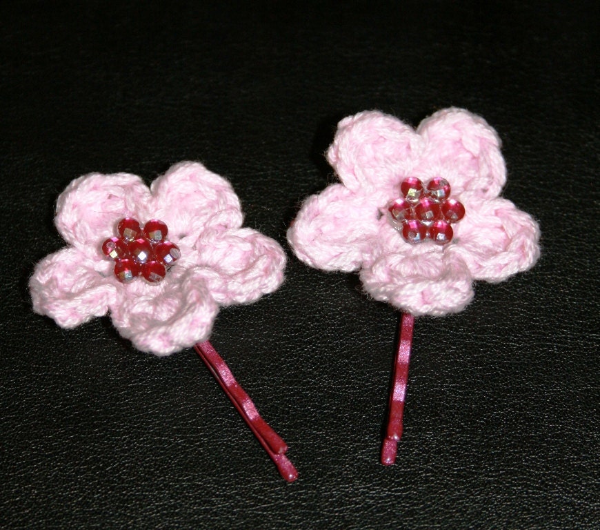 Crochet Pink Cotton Flower Hair Pins