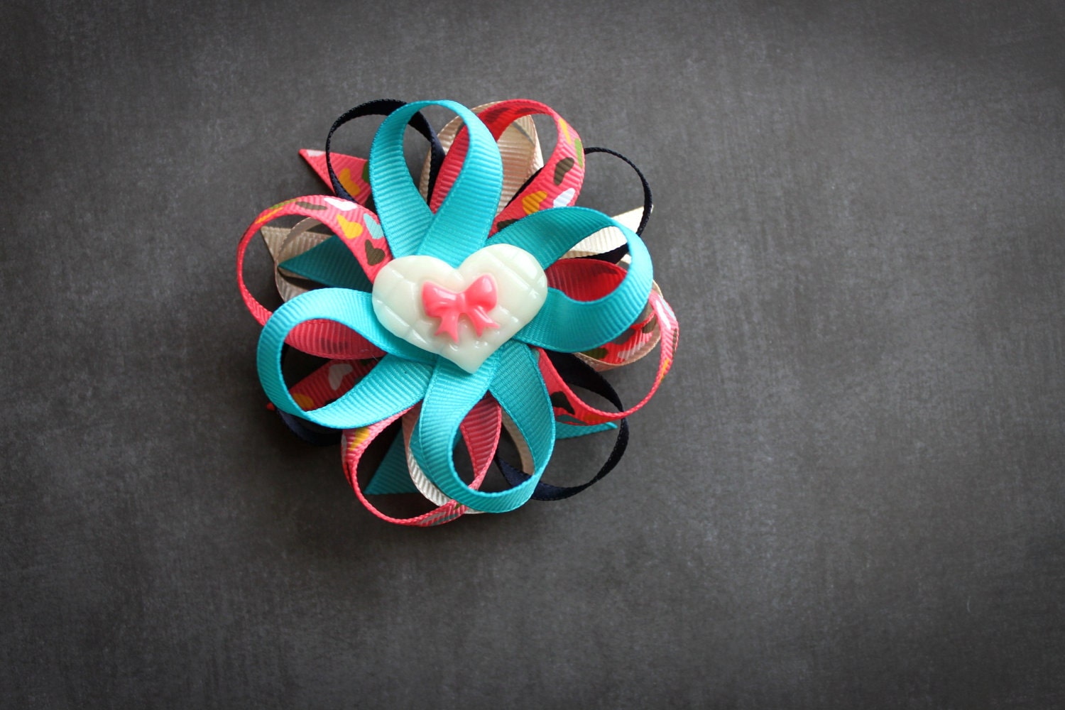 Multi Color Ribbon Hair Clip With Heart Center