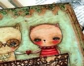 ORIGINAL PAINTING -The Owl And The Pussy Cat - 8x8 Inches Mixed Media Painting on Wood By Danita Art