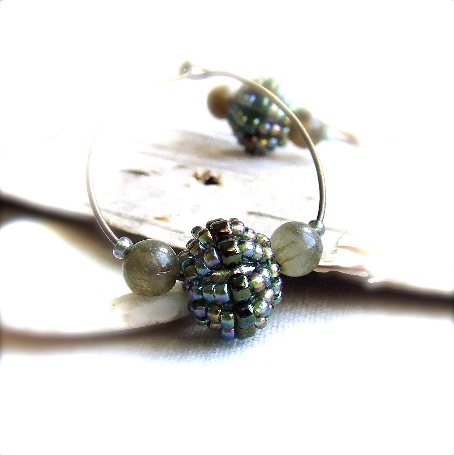 SALE - Labradorite, Glass, Brass - Hoop Earrings -Orbit in Olive - Handmade Fashion