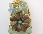 Pendant Necklace Aqua Blue Wire Wrapped Flower