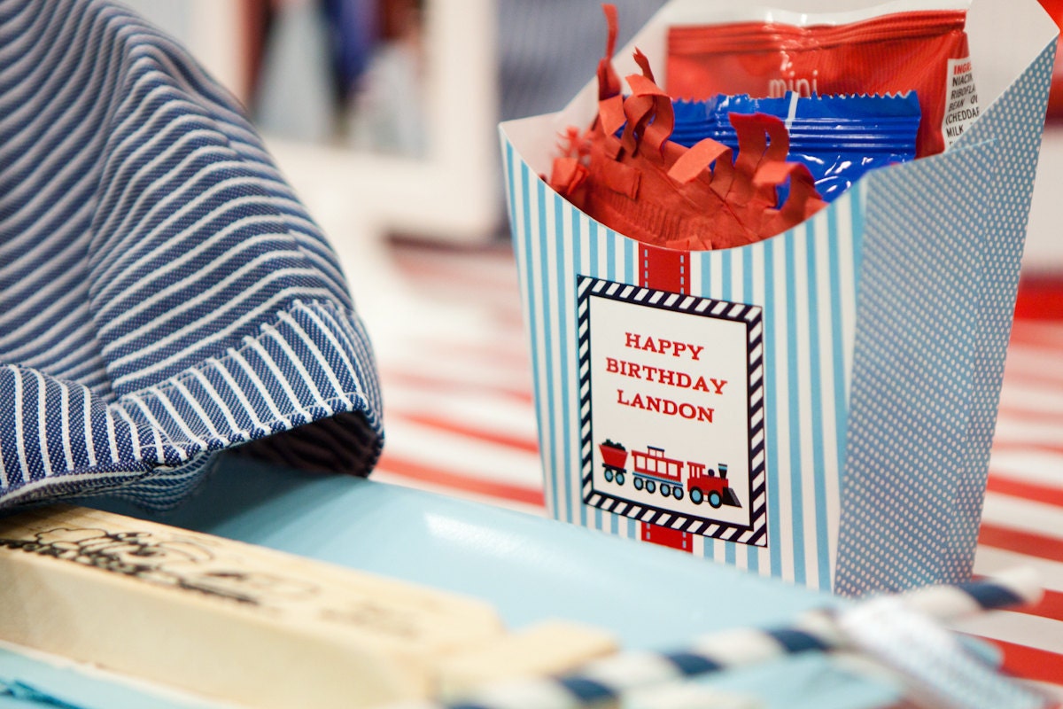 CHOO CHOO TRAIN Birthday Party - Aqua Red Navy - Fry Box Favor Container - Customized Printable Favor Box