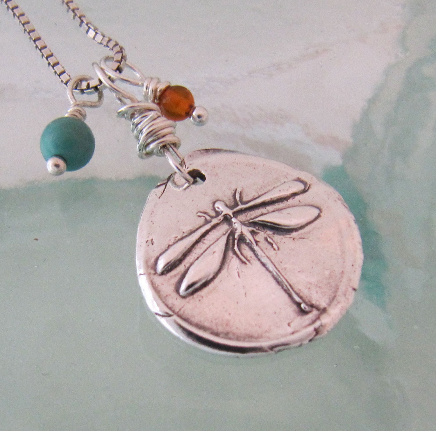 Silver Dragonfly Necklace with Turquoise and Coral