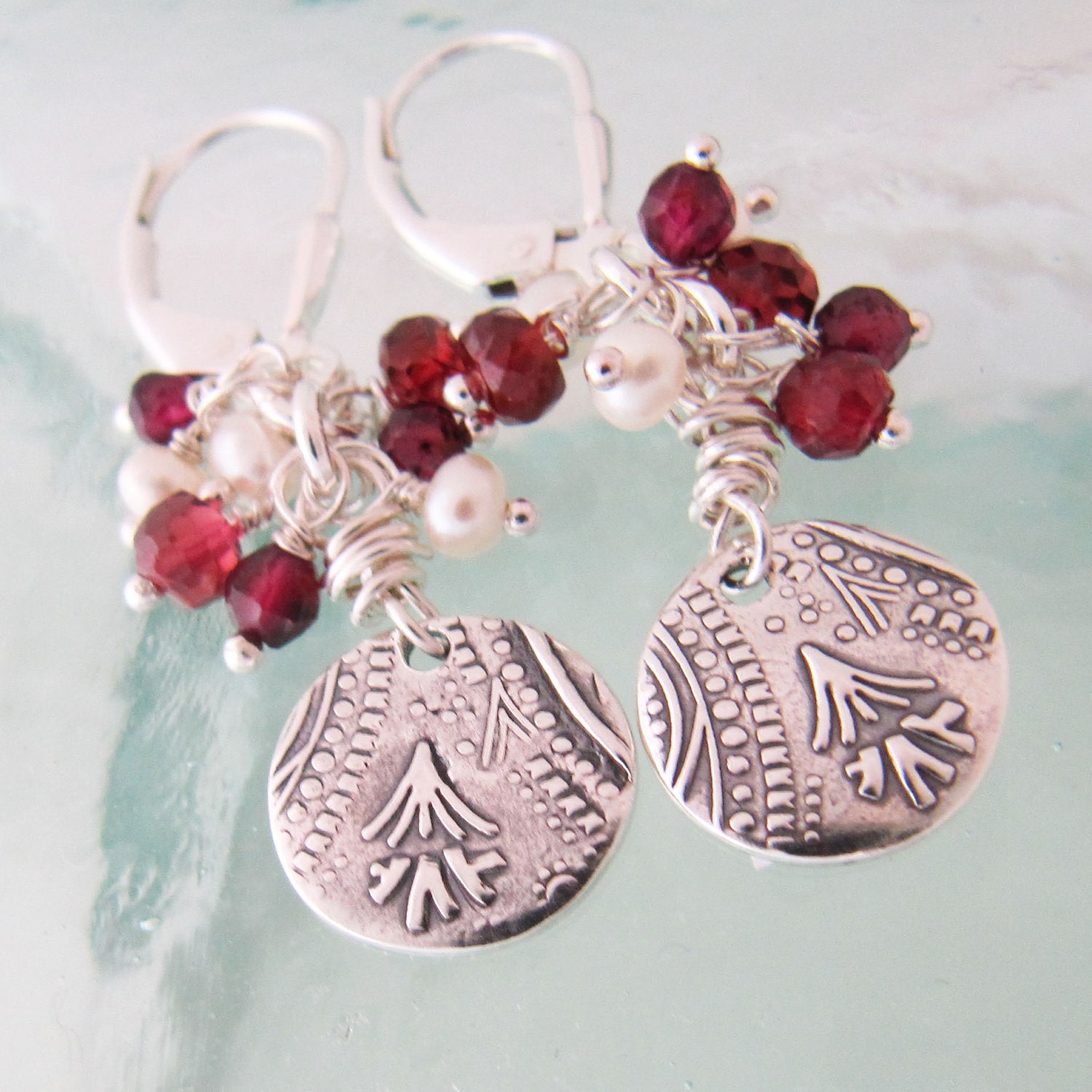 Silver Paisley Dangle Earrings with Pearl and Garnet