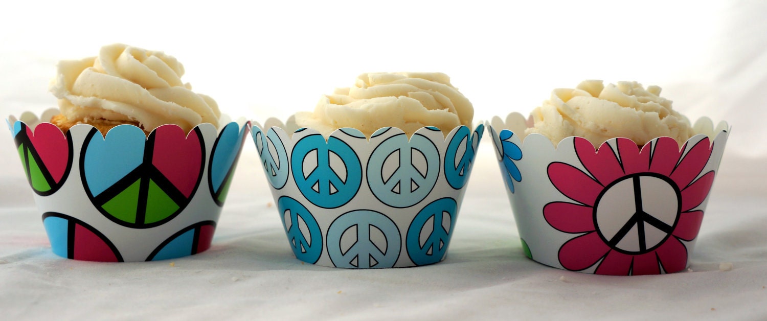 Peace Sign Cupcake Wrappers for Tween Teen Girl Birthday Party in Turquoise and Pink