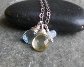 Sunny Skies - Lemon Quartz, Sky Blue Topaz and Rainbow Moonstone Sterling Silver Wire Wrapped Gemstone CharmNecklace