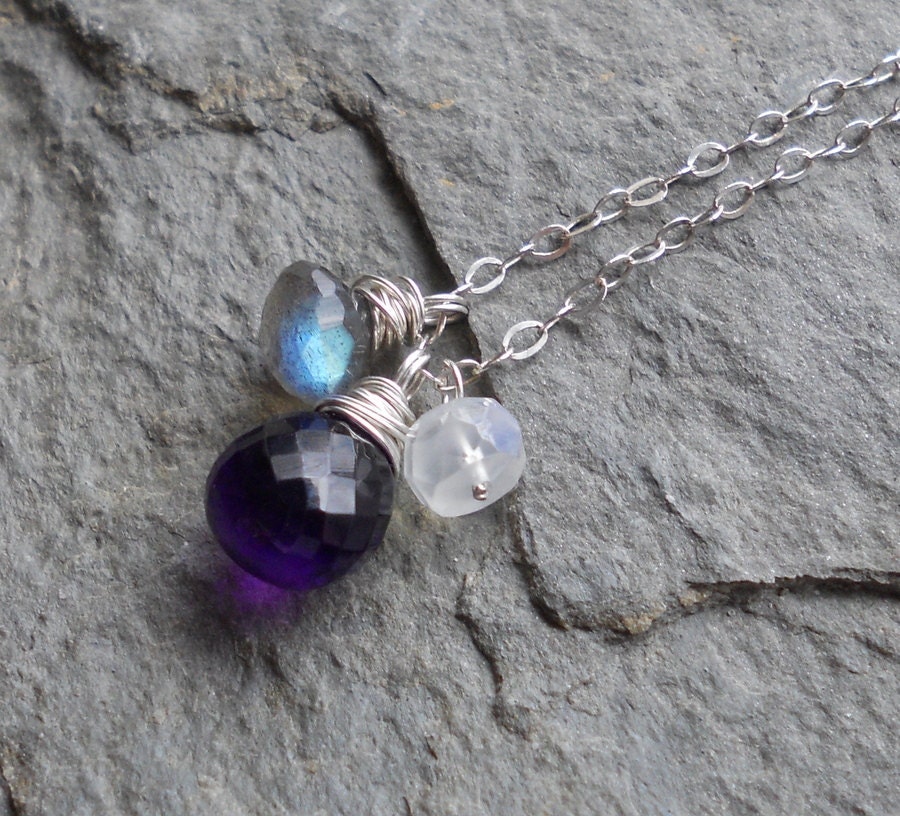 Dusk - Amethyst, Labradorite and Rainbow Moonstone Sterling Silver Wire Wrapped Gemstone CharmNecklace