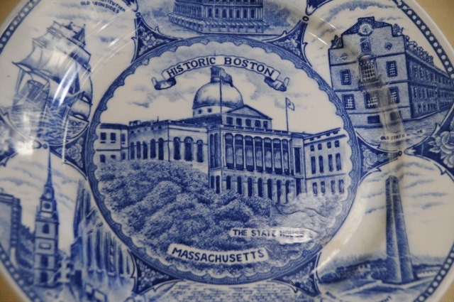 Commemorative Porcelain Transferware Plate Boston Blue and White