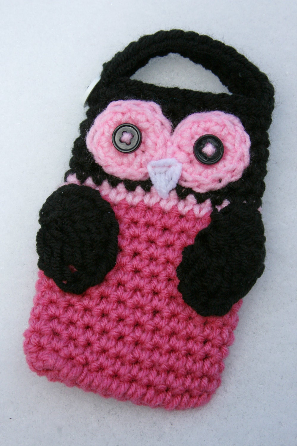 Owl Cell phone camera iPod holder case cozy crochet mauve, pink. black and white