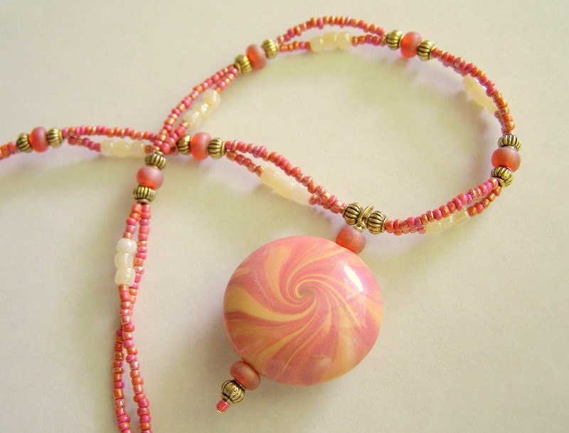 Sunset Swirl Coral Pink and Butter Cream Polymer Clay Lentil Bead Necklace