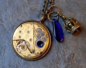 Steampunk Necklace, Vintage Watch Cobalt Blue Glass Drop, Royal Blue Gold Crown London Steampunk Jewelry by pennyfarthingdesigns on Etsy