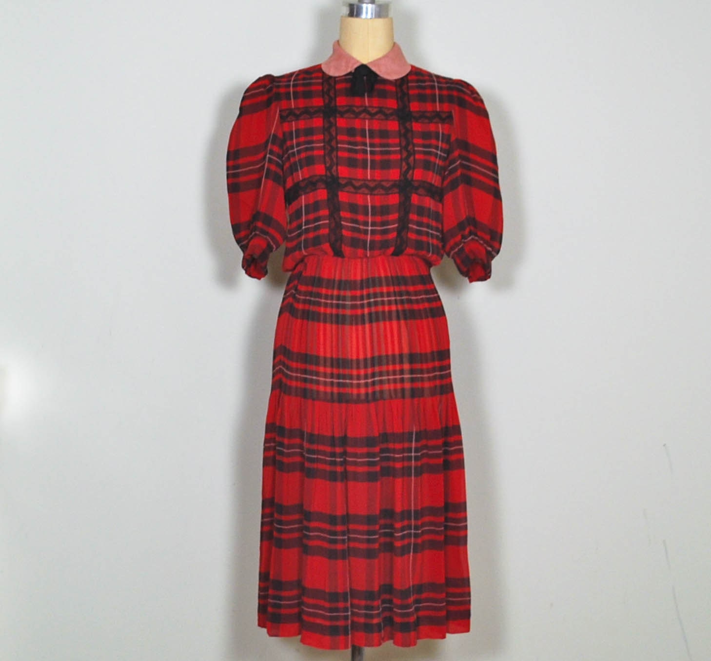 1980s red plaid  peter pan collar dress / Sheer silk dress / Designer dress