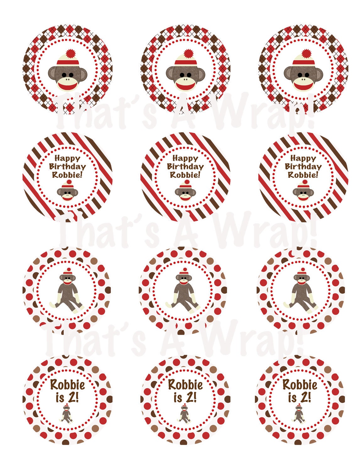 Boy Sock Monkey Birthday Party Baby Shower Personalized DIY Printable Cupcake Toppers