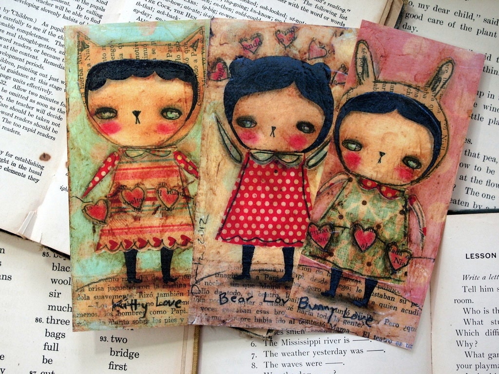 PACK of 3  Prints Reproduction From Mixed Media Original Collage Painting by Danita Valentines (Love bunny, bear and kitty))