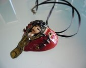 Steampunk polymer clay heart pendant , mixed media , fantasy ' lady love'