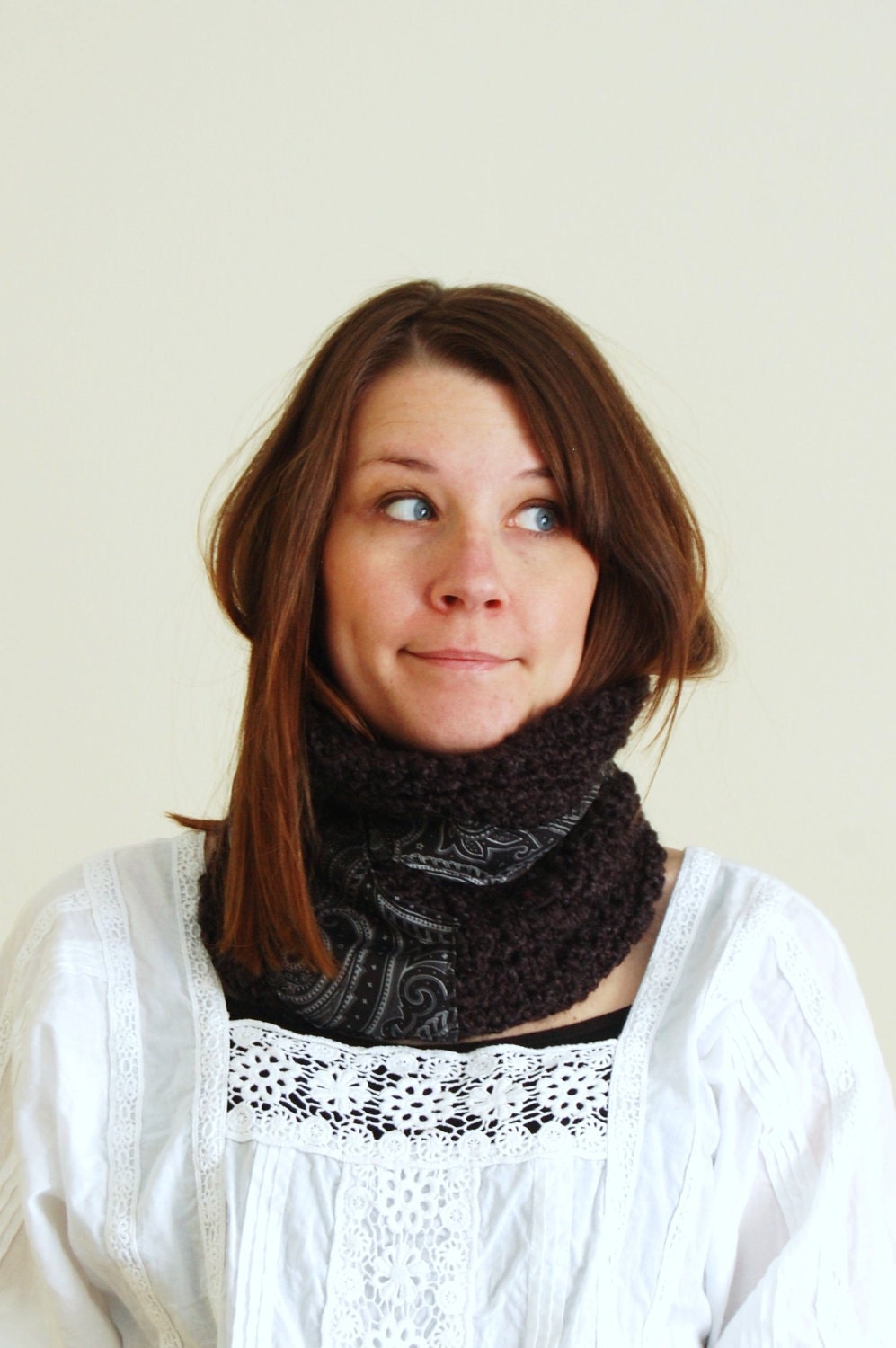 Crocheted neckwarmer with handsewn upcycled necktie black
