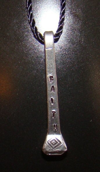 Faith Stamped Metal Horseshoe / Horse Shoe Nail Pendant w Rayon Cord Necklace